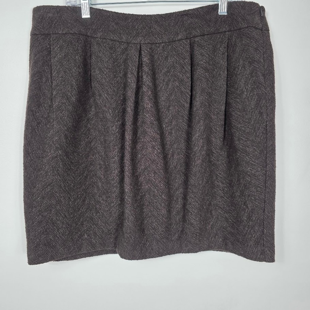 EILEEN FISHER Brown Herringbone Pleated Wool Blend Knee Length‎ Skirt Size L